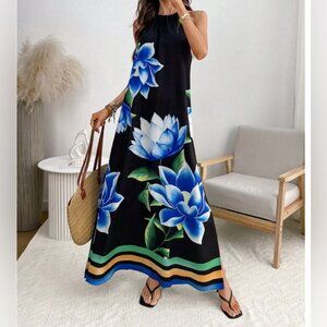 Floral Print Halter Sleeveless Maxi Dress